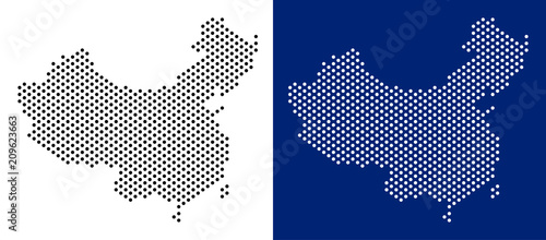 Dot China map. Vector geographic map on white and blue backgrounds. Vector composition of China map done from circle elements.