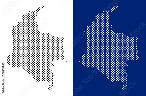 Pixel Colombia map. Vector geographic map on white and blue backgrounds. Vector mosaic of Colombia map constructed of round dots.