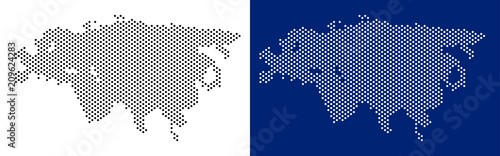 Pixel Eurasia map. Vector geographic map on white and blue backgrounds. Vector mosaic of Eurasia map done of spheric points.