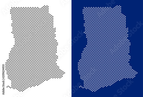Dot Ghana map. Vector geographic map on white and blue backgrounds. Vector composition of Ghana map designed from round spots.