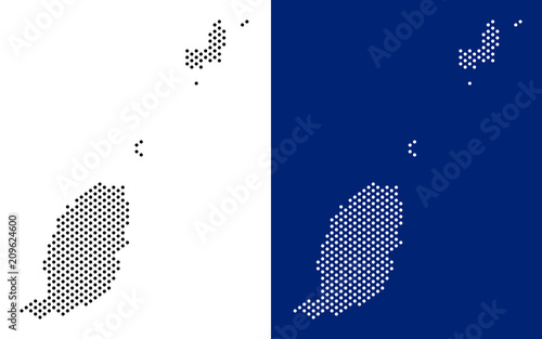 Pixel Grenada map. Vector geographic map on white and blue backgrounds. Vector collage of Grenada map organized of sphere dots.