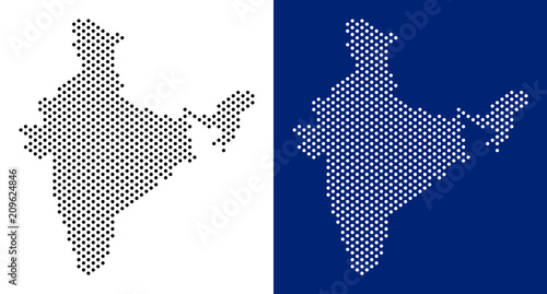 Pixel India map. Vector geographic map on white and blue backgrounds. Vector collage of India map organized from circle dots.