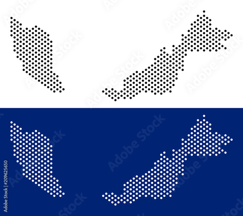 Dot Malaysia map. Vector geographic map on white and blue backgrounds. Vector composition of Malaysia map constructed from spheric spots.