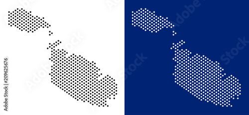 Dot Malta Island map. Vector geographic map on white and blue backgrounds. Vector collage of Malta Island map done from sphere items.