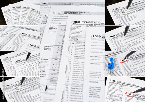 Form 1040 Individual Income Tax return form. United States Tax forms. American blank tax forms. Tax time. Collage of set photos.