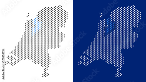 Dot Netherlands map. Vector geographic map on white and blue backgrounds. Vector mosaic of Netherlands map made with spheric pixels.