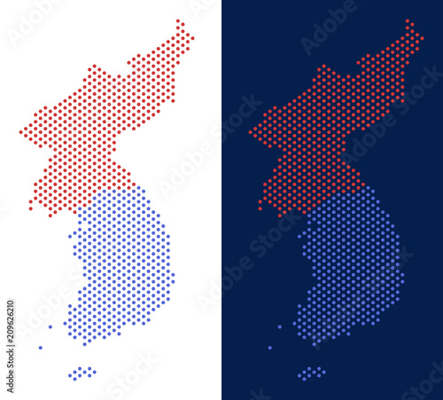 Dot North and South Korea map. Vector geographic map on white and blue backgrounds. Vector collage of North and South Korea map created from circle pixels.