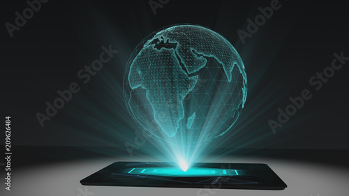 World map projection futuristic holographic display tablet hologram technology photo