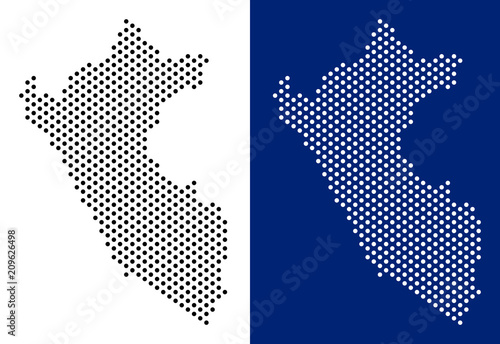 Dot Peru map. Vector geographic map on white and blue backgrounds. Vector mosaic of Peru map created of spheric blots.