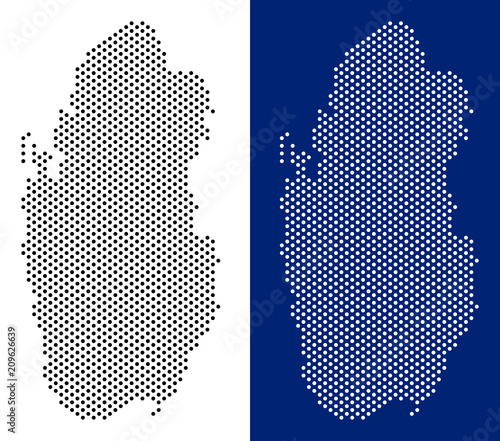 Dot Qatar map. Vector geographic map on white and blue backgrounds. Vector mosaic of Qatar map combined from spheric pixels.
