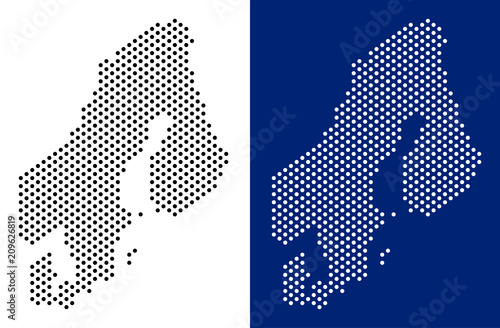 Dotted Scandinavia map. Vector geographic map on white and blue backgrounds. Vector mosaic of Scandinavia map created of spheric dots.
