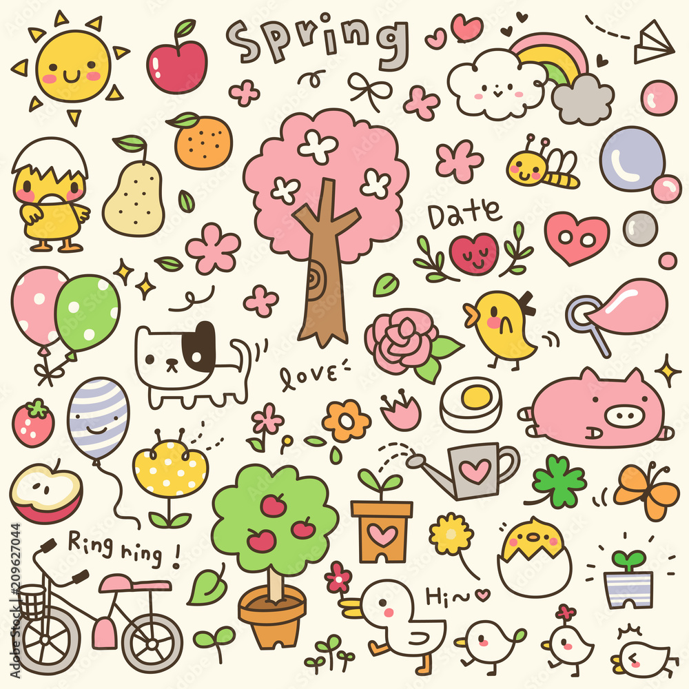 Set of Cute Spring Time Doodle. Hand Drawn. Vector Illustration. Set of Cute Spring Time Doodle. Hand Drawn. Vector Illustration.