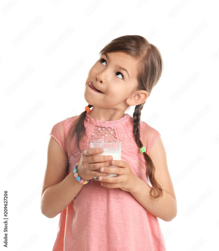 Cute little girl with glass of milk on white background Cute little girl with glass of milk on white background