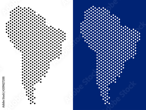 Dot South America map. Vector geographic map on white and blue backgrounds. Vector composition of South America map organized of circle dots.