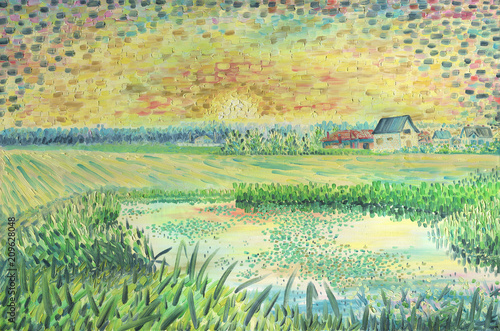 Beautiful sunset in the countryside. Houses in the countryside and fields. The forest is in the background. A pond with reeds is in the foreground. The setting sun in the haze.Oil painting on canvas.