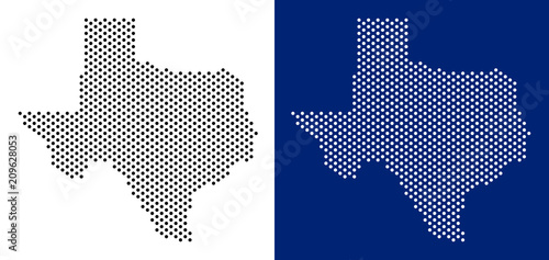 Pixel Texas map. Vector geographic map on white and blue backgrounds. Vector mosaic of Texas map constructed from spheric elements.