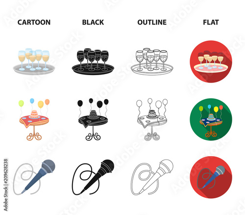 Garland with flags and balls, leading celebration with a microphone, a tray with glasses with champagne, a table covered with a tablecloth with plates, cake and balls. Event services set collection