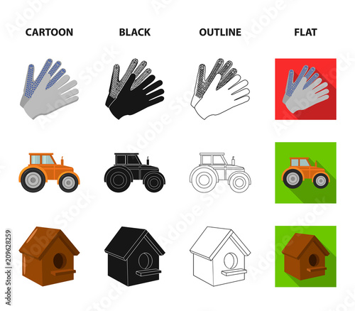 Spikelets of wheat, a packet of seeds, a tractor, gloves.Farm set collection icons in cartoon,black,outline,flat style vector symbol stock illustration web.