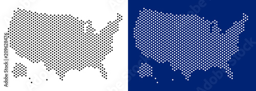 Pixel USA with Alaska map. Vector geographic map on white and blue backgrounds. Vector composition of USA with Alaska map created with circle dots.