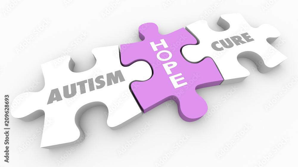 Fototapeta premium Autism Hope for Cure Puzzle Pieces Words 3d Render Illustration