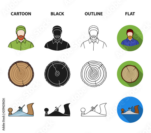 Circular saw, a working carpenter, a stack of logs. A sawmill and timber set collection icons in cartoon,black,outline,flat style vector symbol stock illustration web.