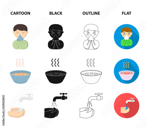A man with a bandaged head, a man coughing, a man snorts a snot, a bowl, a bowl of hot broth into a handkerchief. Sick set collection icons in cartoon,black,outline,flat style vector symbol stock