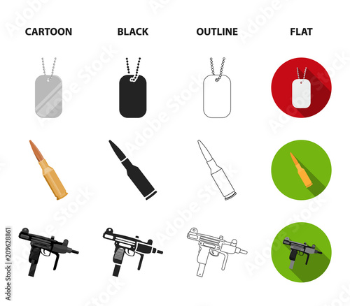 Gas mask, nunchak, ammunition, soldier's token. Weapons set collection icons in cartoon,black,outline,flat style vector symbol stock illustration web. photo