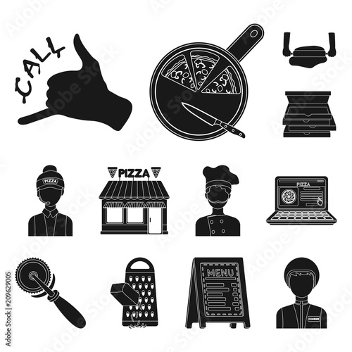 Pizza and pizzeria black icons in set collection for design. Staff and equipment vector symbol stock web illustration.