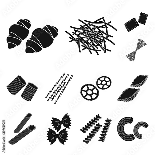 Types of pasta black icons in set collection for design. Figured macaroni for eating vector symbol stock web illustration.