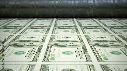 Rotary printing press working process. 100 USD, hundred dollar uncut bills.