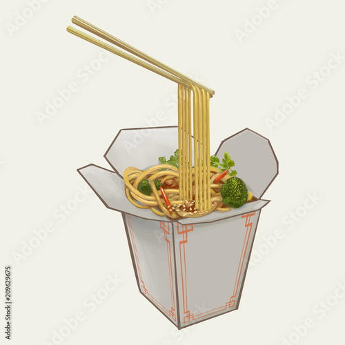 Chow mein in takeawy box illustration photo