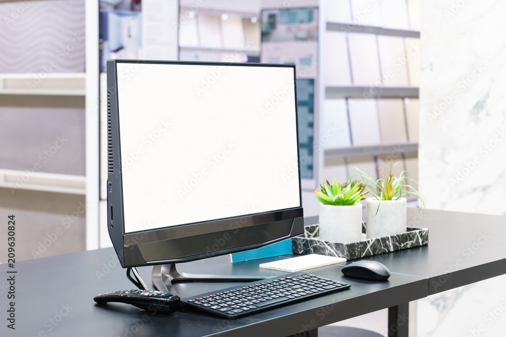 Workspace mockup desk with desktop computer and office supplies. Blank screen monitor for graphic display montage. Workspace mockup desk with desktop computer and office supplies. Blank screen monitor for graphic display montage.