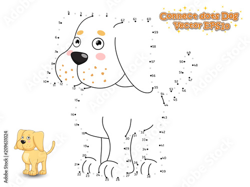 Connect The Dots and Draw Cute Cartoon Dog Puppy Labrador. Educational Game for Kids. Vector Illustration.