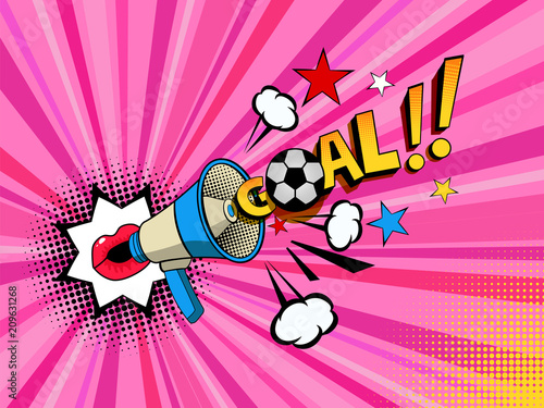 pop art style female lips with megaphone announcer goal soccer ball