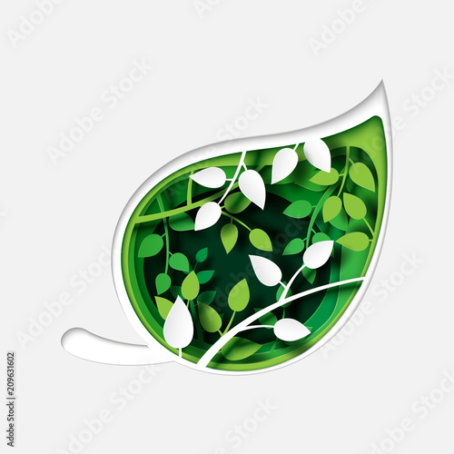 Paper cut of green leaves abstract background template.Ecology and environment concept design vector illustration.