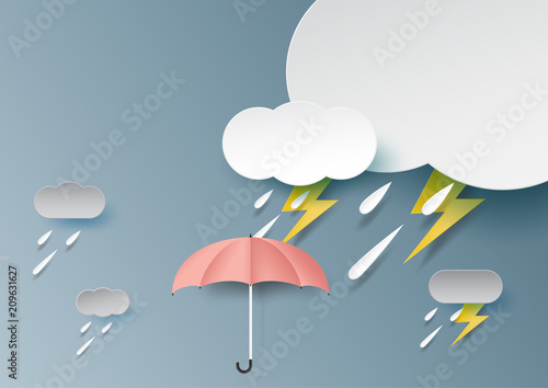 Umbrella,rain,cloud and thunderbolt on rainy season background paper art style.Vector illustration.