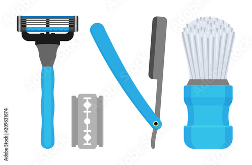 Set for shaving. Vector illustration of male razors and a bristle brush.