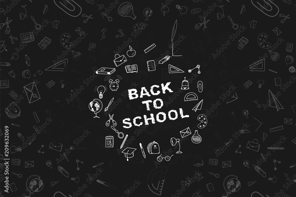 Fototapeta premium Back to school. Set of doodle icons with black chalkboard for education. Vector illustration EPS10