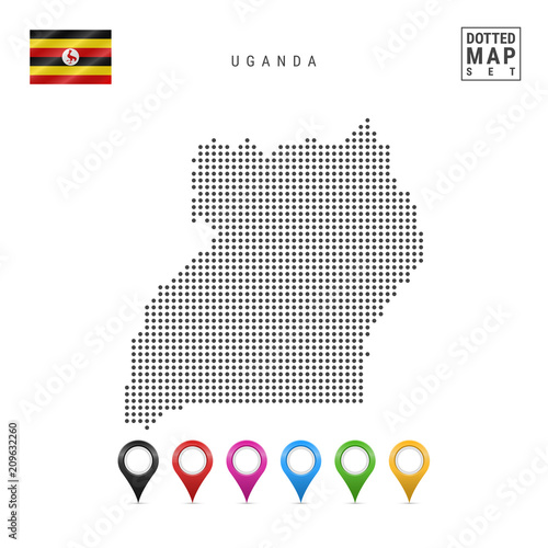 Dots Pattern Vector Map of Uganda. Stylized Silhouette of Uganda. Flag of Uganda. Set of Multicolored Map Markers