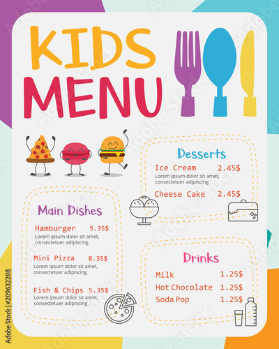 Cute colorful kids meal menu vector template © VectorBoyZ
