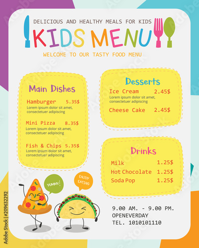 Cute colorful kids meal menu vector template