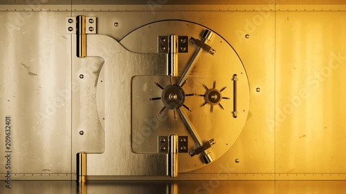 Bank Vault doors opening with a green screen inside. Safe for money, gold.