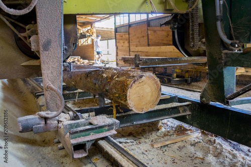 Sawmill. Process of machining logs in equipment sawmill machine saw saws the tree trunk on the plank boards. Wood sawdust work sawing timber wood wooden woodworking