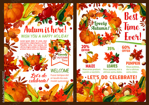 Autumn harvest pumpkin, fruit sale vector poster