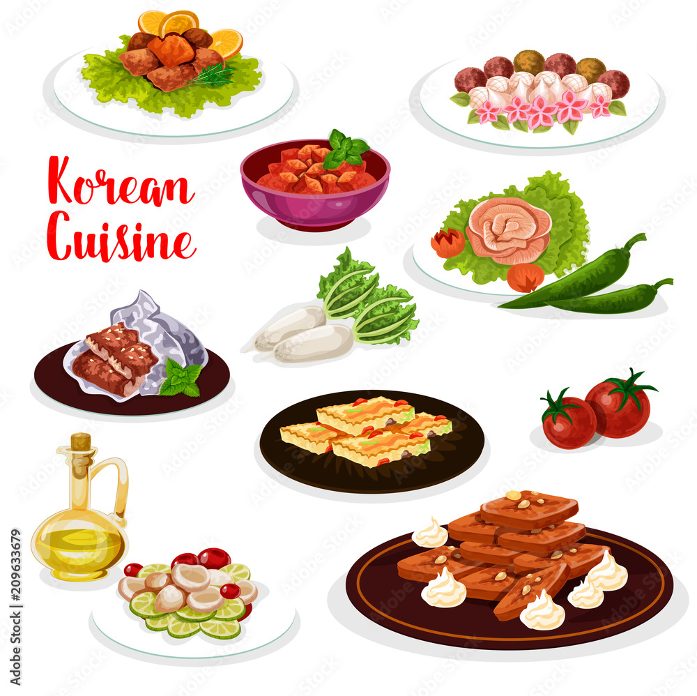 Korean cuisine icon of seafood and vegetable dish Korean cuisine icon of seafood and vegetable dish