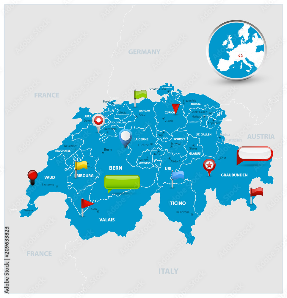Switzerland Map and glossy icons on map