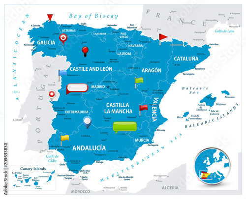Spain Map and glossy icons on map