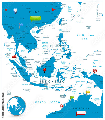 Southeast Asia Map and glossy icons on map