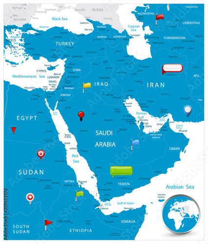 Middle East Map and glossy icons on map