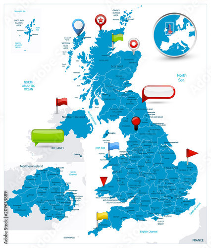 Great Britain Map and glossy icons on map